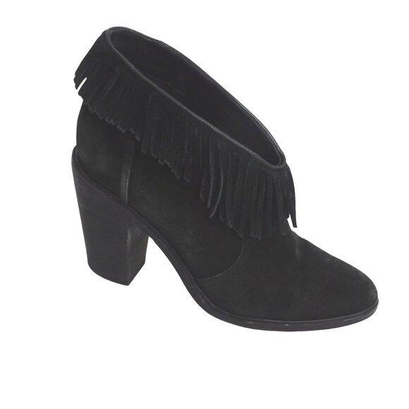 Joie Black Suede Fringe Ankle Boots Block Heel Women Size 39.5 8.5 Slip On - Picture 1 of 15